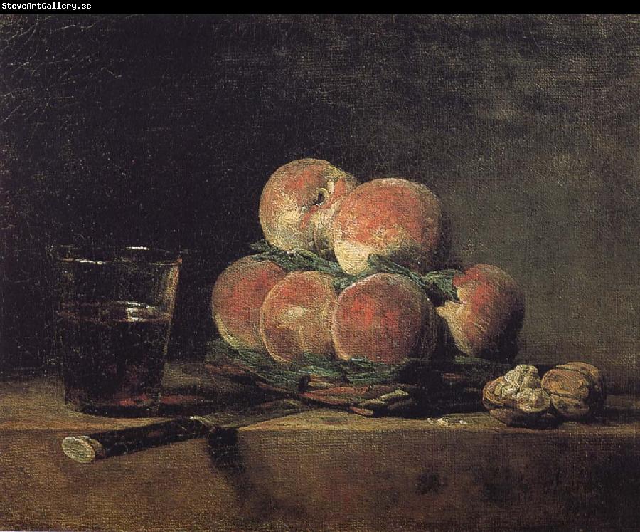 Jean Baptiste Simeon Chardin Baskets of peaches with wine walnut knife